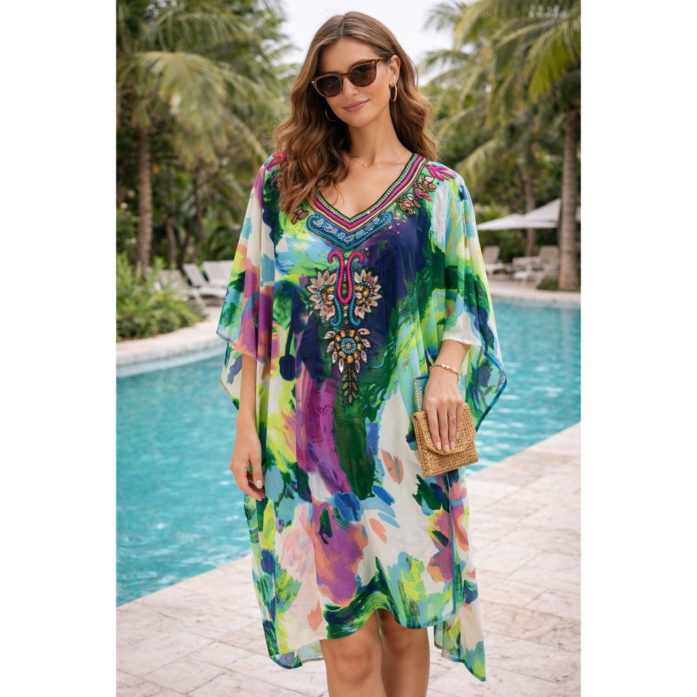 Nouveau Beach Beaded Watercolor Kaftan Dress Womens Medium Resort Poolside